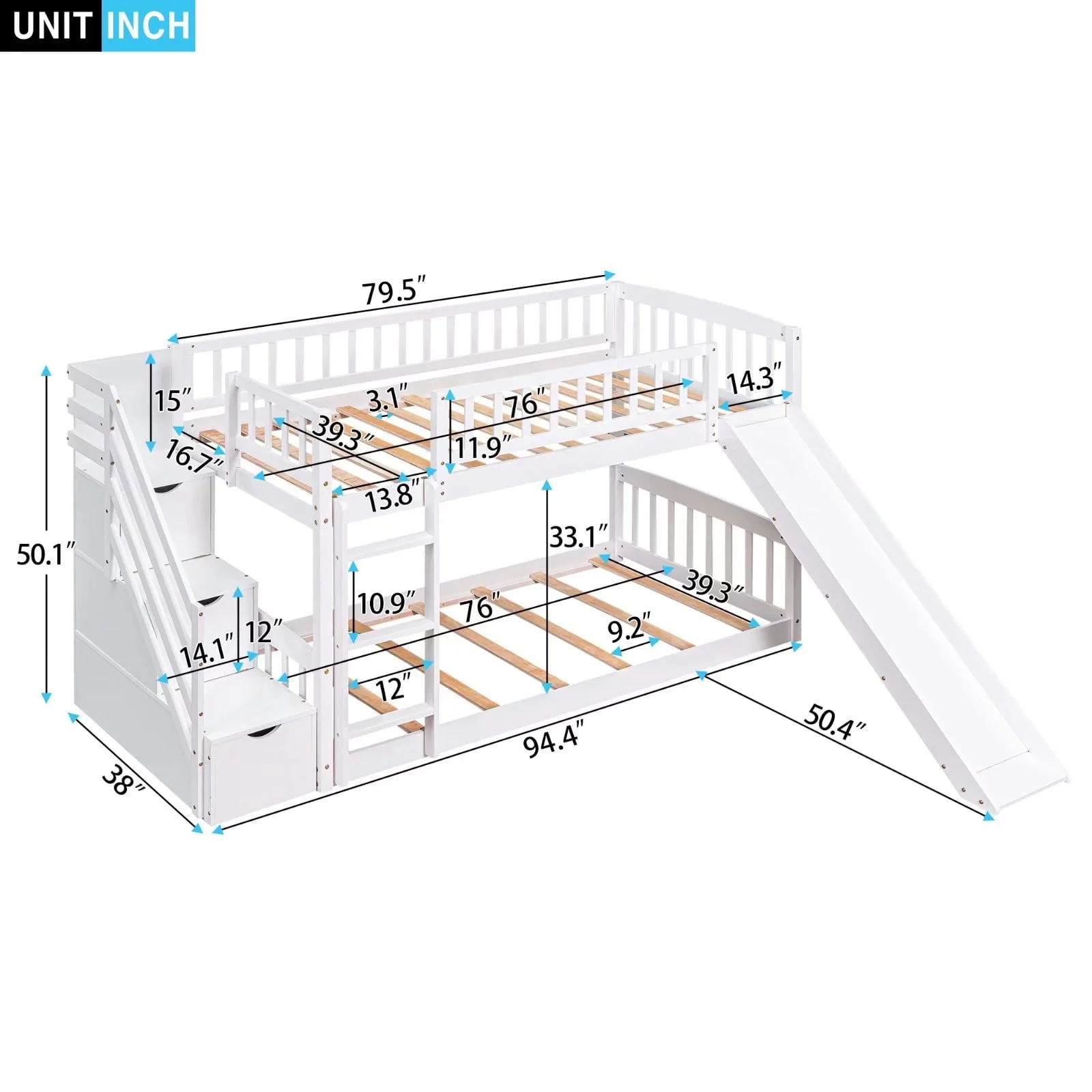 Stairway Bunk Beds Twin over Twin, Wooden Bunk Bed Frame with Kids Slide and Storage Staircase, 2-in-1 Storage Beds Frame with Ladder and Safety Guardrails for Boys Girls Bedroom, White - Image 3
