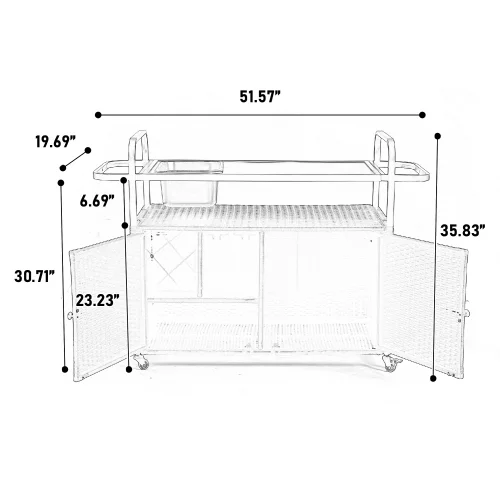 Yiweny Outdoor Rolling Wicker Bar Cart, Large Portable Outdoor Wicker Bar Table with Cabinet Storage and Glass Countertop, Patio Wicker Serving Bar Cart for Pool, Party, Backyard, Black - Image 11