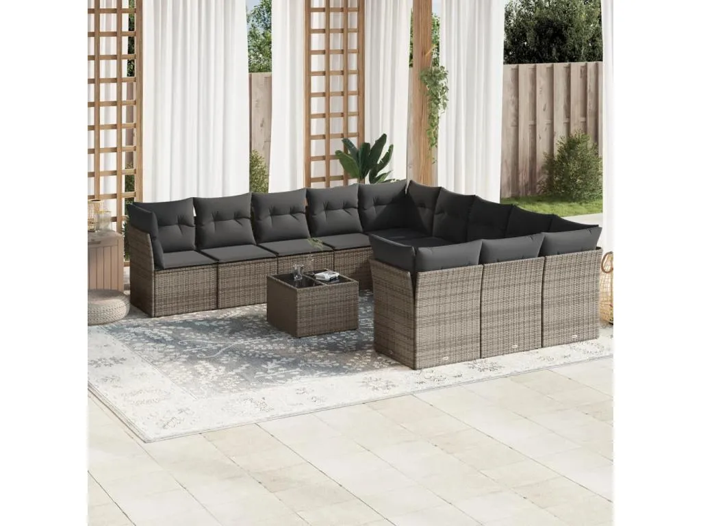 Set de sofás de jardín 12 pzas con cojines ratán sintético gris