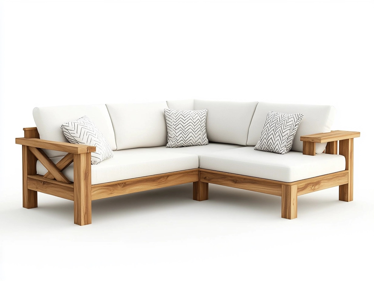 Sofá Esquinero de Madera Natural para Exterior con Cojines Blancos