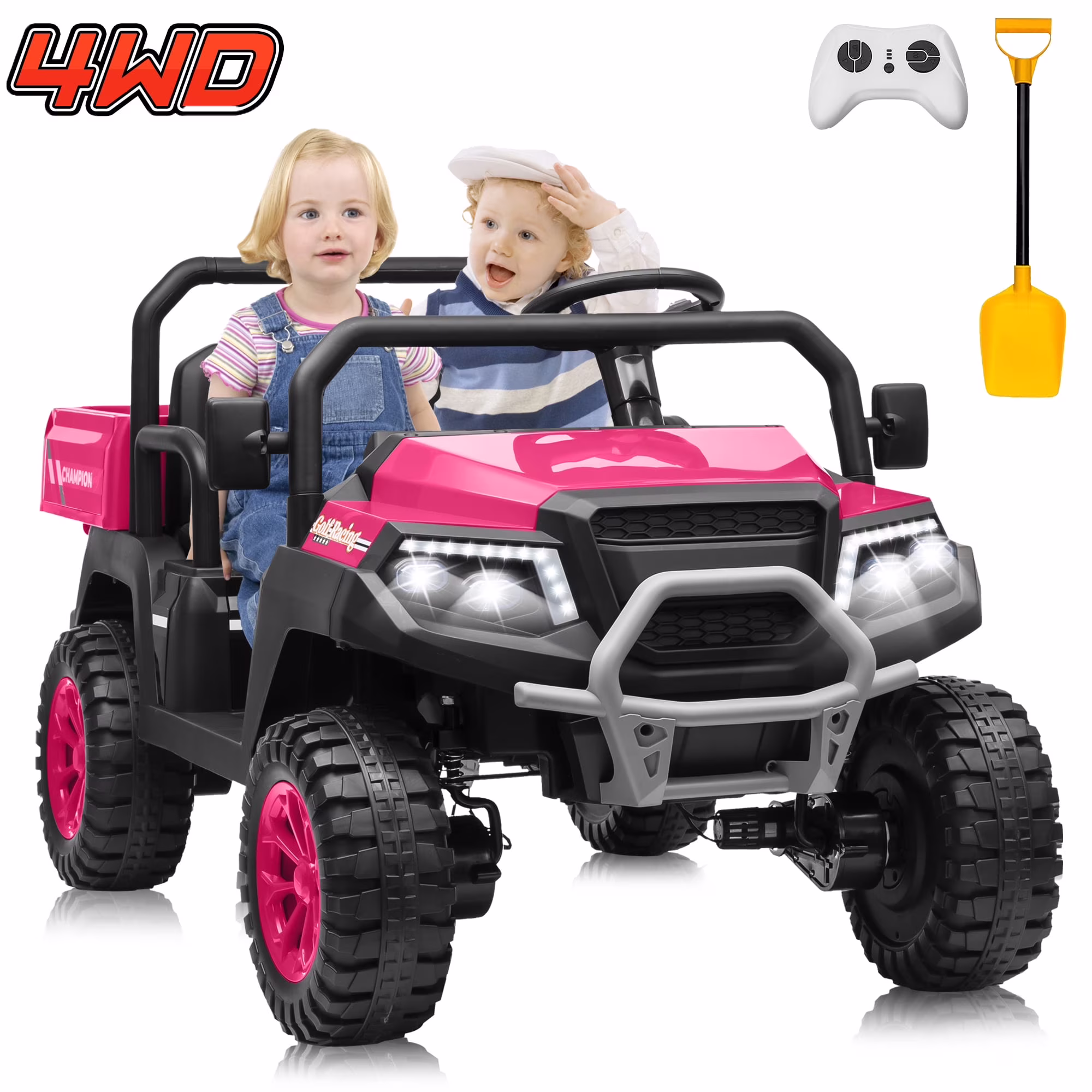 Joyracer 4WD 24 Volt Ride on Toys UTV with 2 Seater & Remote Control, Kids Electric Golf Cart w/ 4x200W Power Motors, Tiltable Trailer & Shovel, 4 Wheels Spring Suspension, Bluetooth USB Music, Black - Image 5