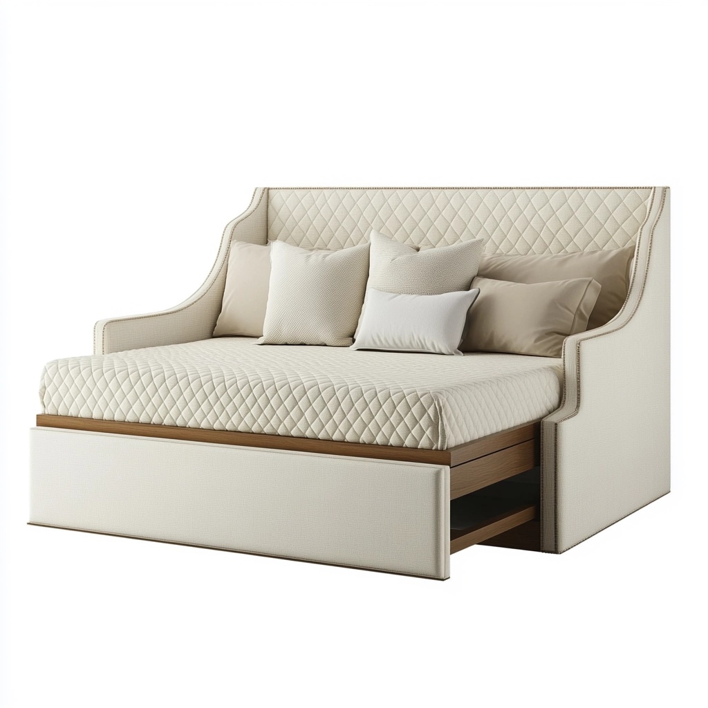 Sofá cama tapizado beige con diseño acolchado y almacenamiento