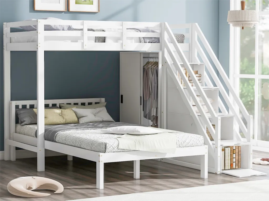 Litera infantil 90x200 cm 120x200 cm - con armario y escalera almacenaje - en Alkihogares maciza y MDF - Blanco
