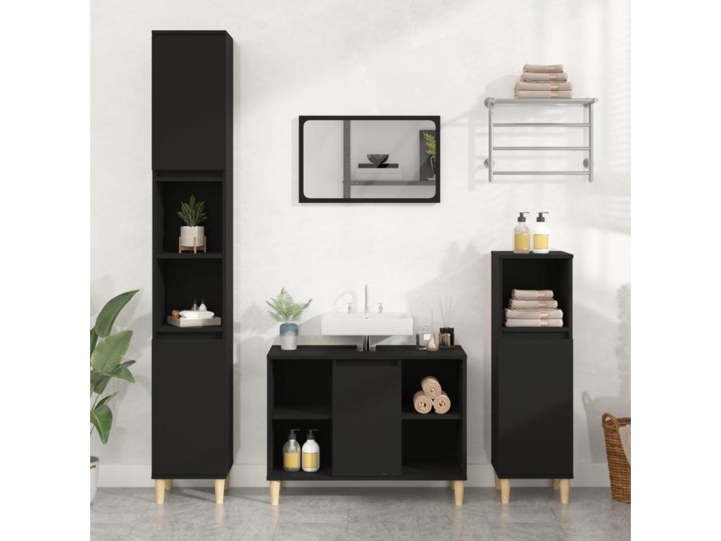 Conjunto de muebles de baño 3 piezas de madera contrachapada negra.
