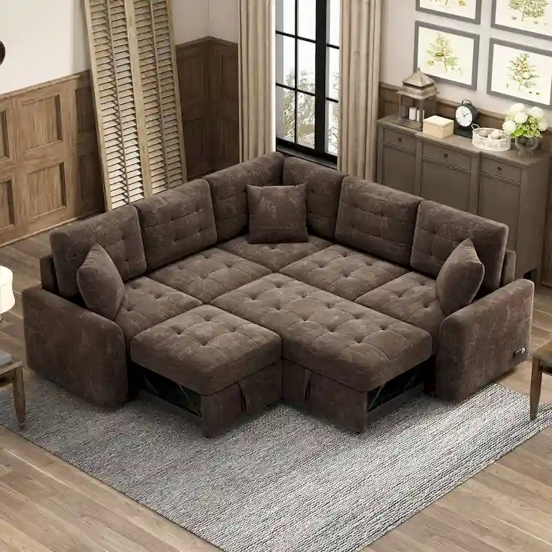 82.6-Inch L-Shaped Sleeper Sofa with Pull-Out Feature, Wheels, USB Ports, and Power Sockets - Dimensions: 82.6W x 82.6D x 33H