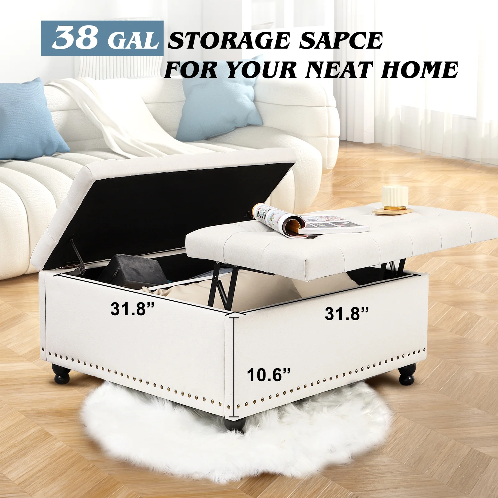 Magic Union 35" Large Square Storage Ottoman, Oversized Square Ottoman with Storage, Tufted Upholstered Ottoman Coffee Table with Lift Top for Living Room (Beige) - Image 4