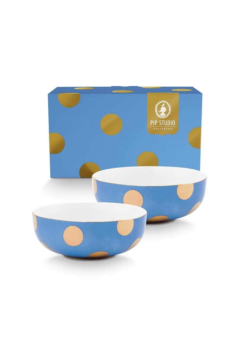 Set/2 Bowls Dot Delight Light Blue/Gold 15cm