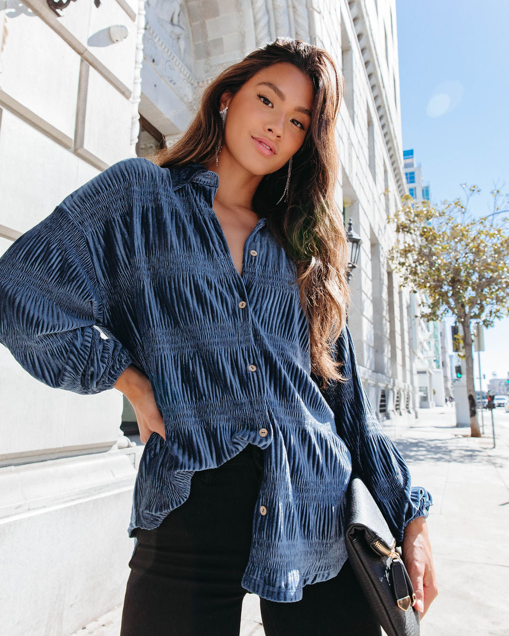 Bette Textured Velvet Button Down Top - Blue - Se7enfashion