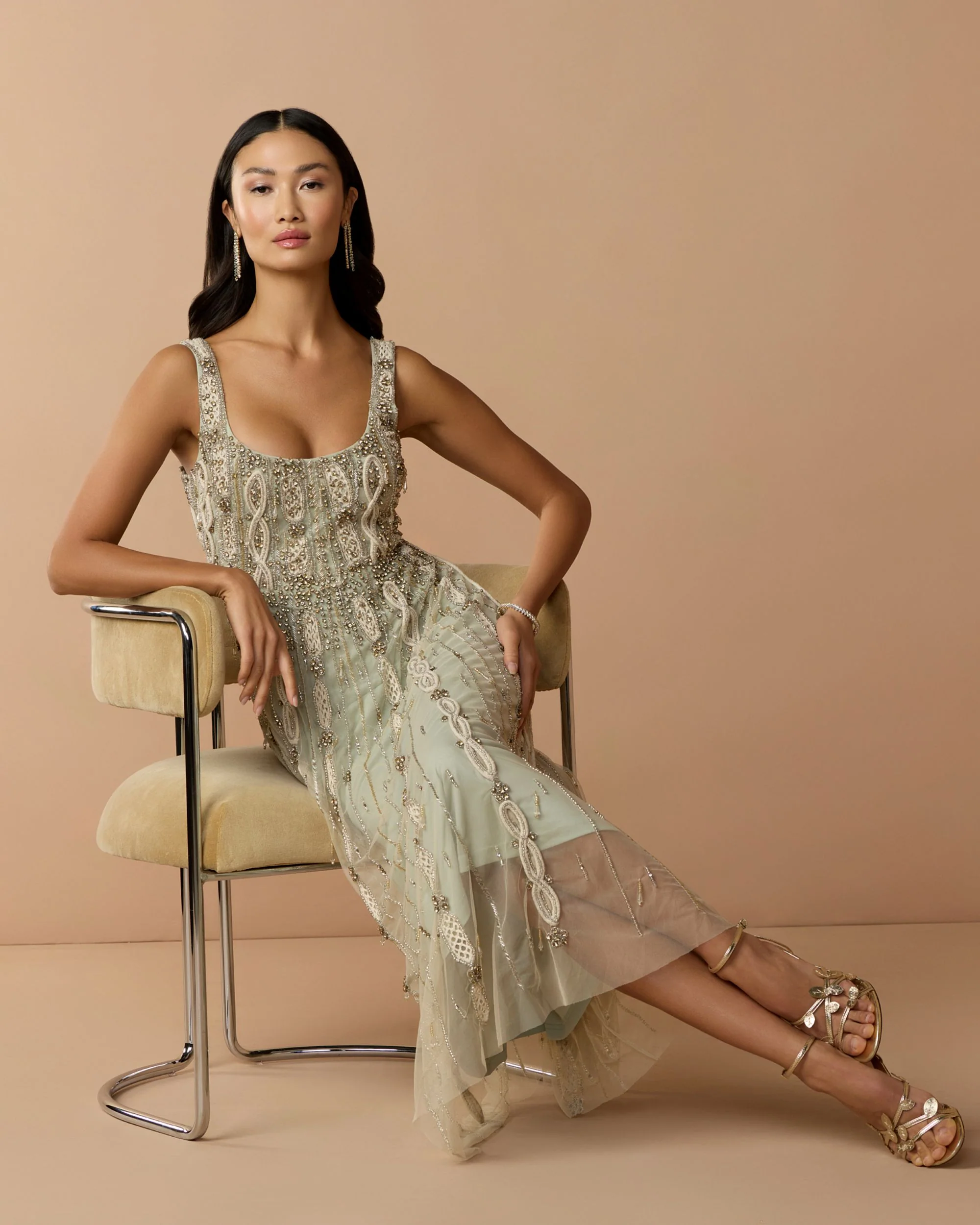 Petite Green Sleeveless Scoop Neck Embellished Midi Dress - Special Events Unlimited