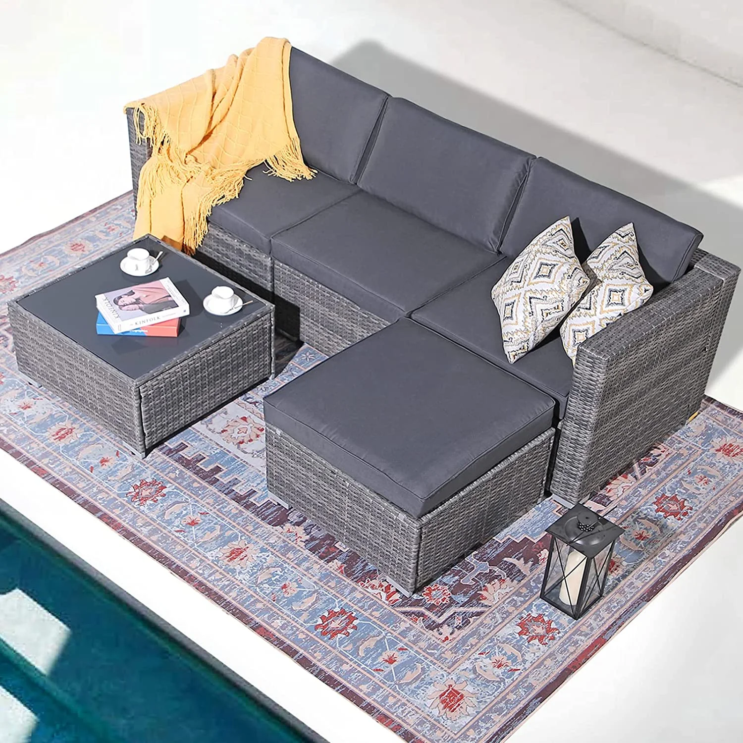 Patiorama 5-Piece Patio Furniture Set, Outdoor Sectional Conversation Set, All-Weather Grey PE Wicker with Light Grey Cushions, Backyard Porch Garden - Image 16