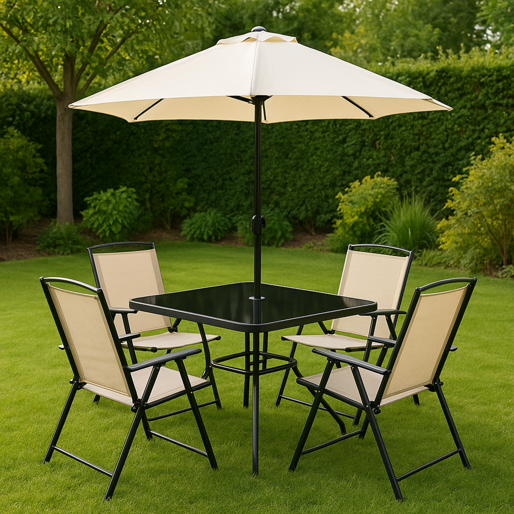 Conjuntos de mesa y sillas para jardín de metal y textileno 1 mesa 4 sillas con sombrilla beige dahovSU433BB
