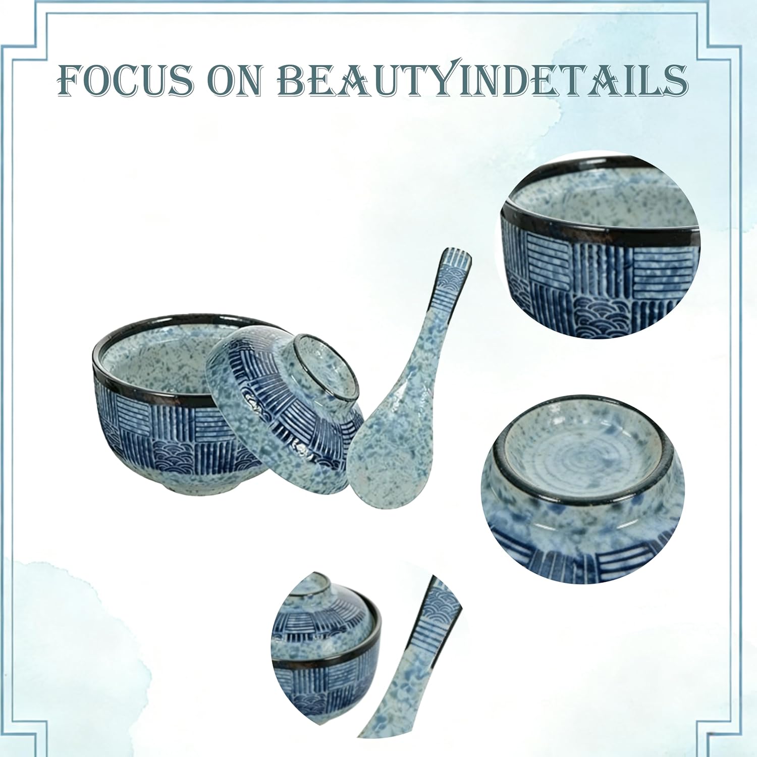 Japanese Ceramic Soup Bowls with Lid & Spoon Perfect for Miso Soup, This Set Includes Spoons & Lids, Making It Ideal for Family Dinners and Special Occasions. An Elegant Addition to Your Home Kitchen