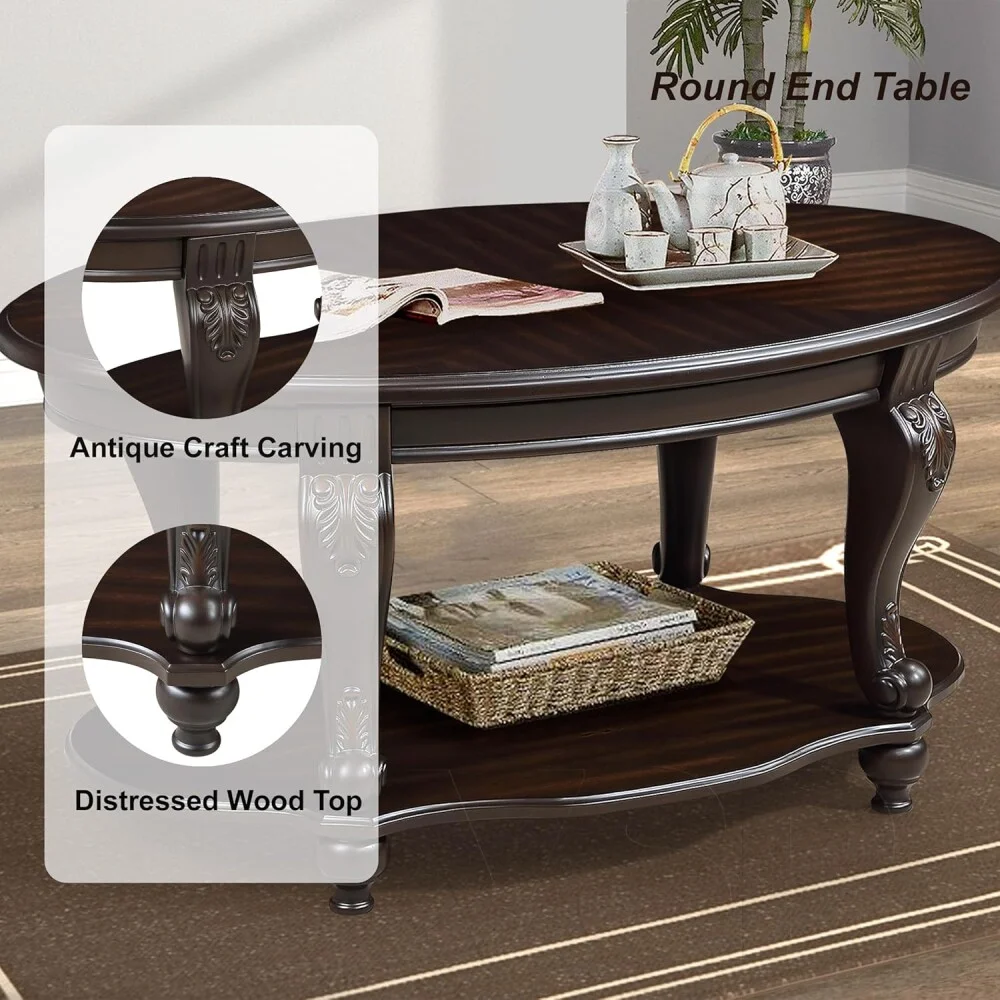 42" Oval Coffee Table with Storage Shelf, 2-Tier Solid Wood Cocktail Tea Table, Traditional Retro Center Table for Living Room, Bearing 400LBS, Cherry - Image 11