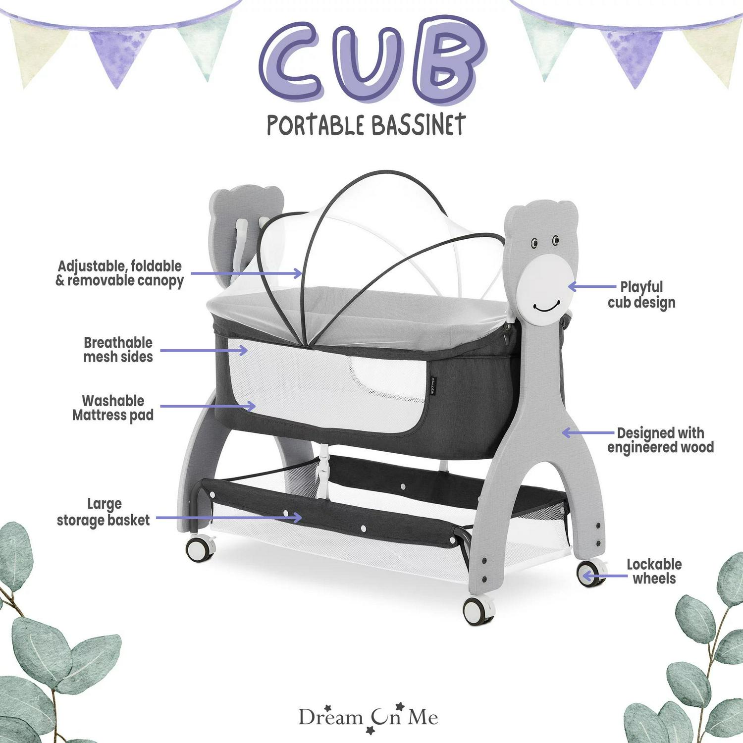 Dream on Me Cub Portable Bassinet in Dark Grey. Multi-Use Baby Bassinet with Locking Wheels - Image 4