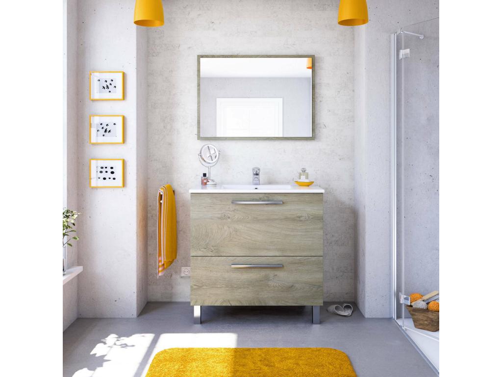 Mueble bajo lavabo Nestleano - Mueble de baño - Armario con 2 cajones y espejo - lavabo no incluido - 80x45h80 cm - Roble
