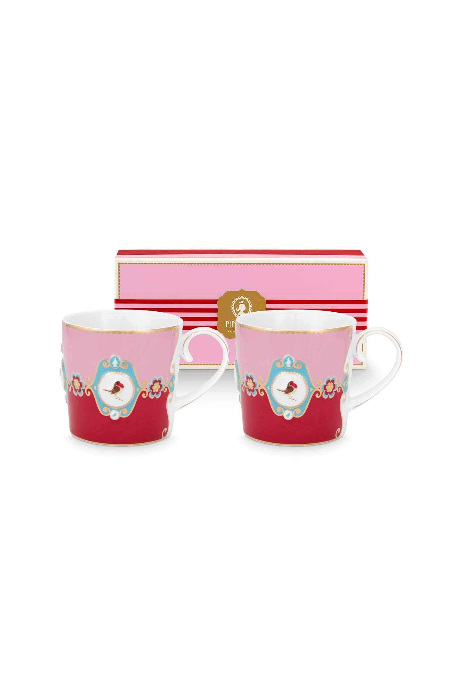 Set/2 Mugs Small Love Birds Medallion Red-Pink
