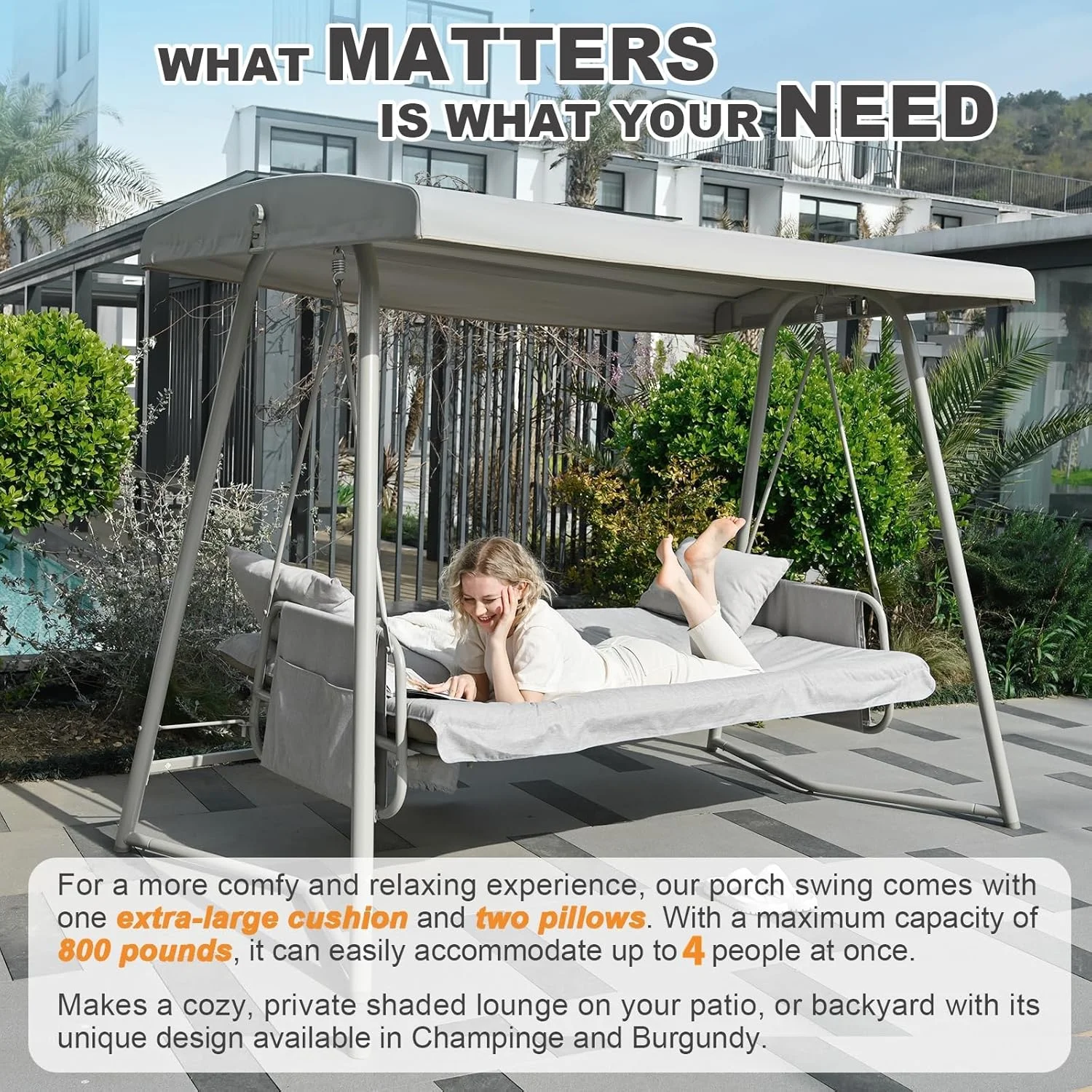 CHINNLUU Oversized 4 Person Porch Swing with Stand 800 LBS Capacity Adjustable Canopy Backrest Includes Cushions Pillows Patio 2 in 1 Swing Bed for Backyard Garden Poolside, Champagne - Image 6