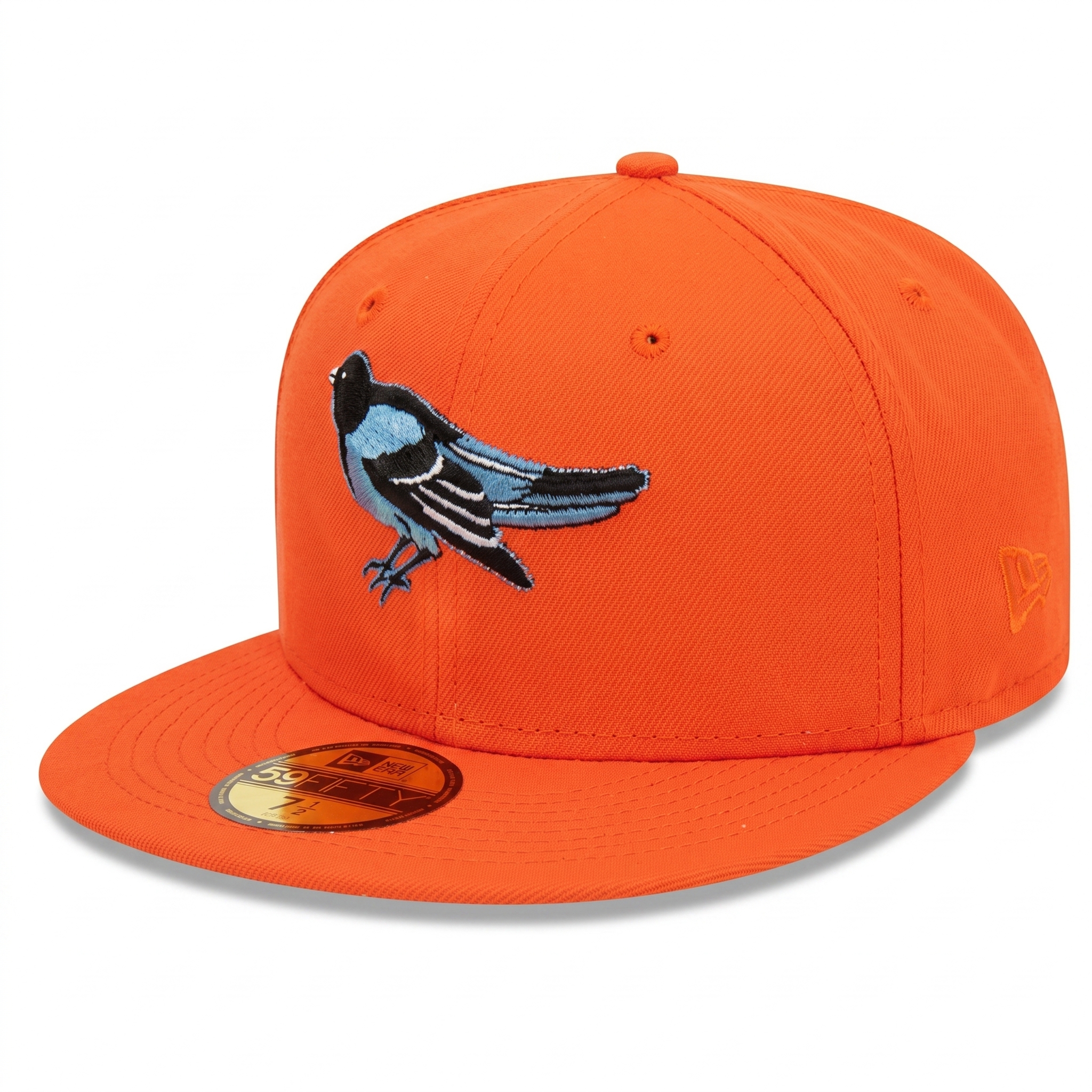 Front view of the New Era St. Louis Cardinals orange 59FIFTY fitted hat featuring a custom blue and black bird logo in raised embroidery.