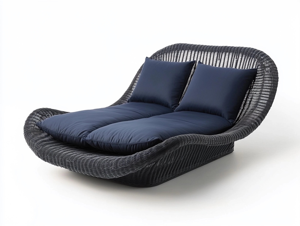 Sofá cama doble de ratán sintético para exterior 180x160cm con cojines azul marino estilo moderno