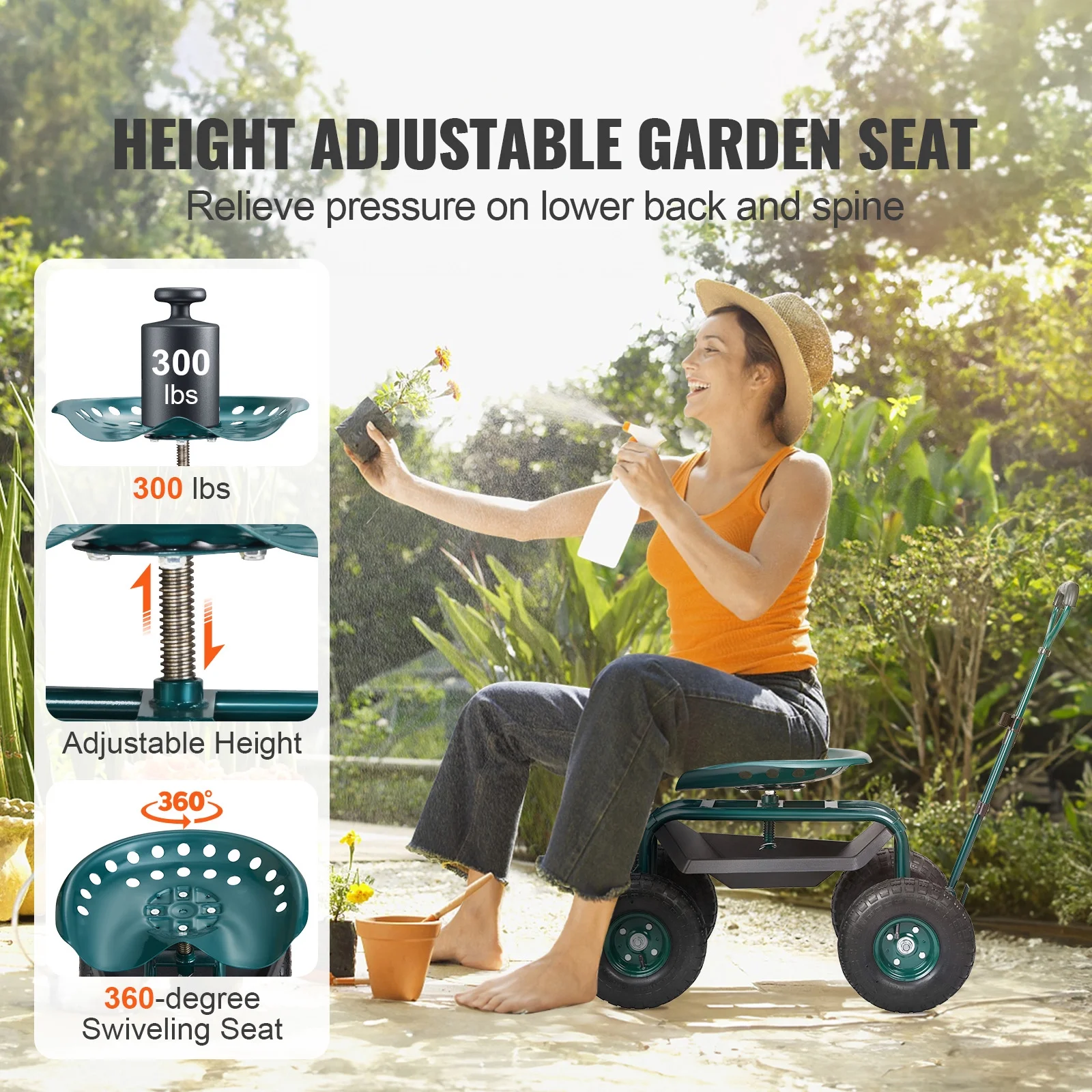 KFFKFF Garden Cart Rolling Workseat with Wheels, Gardening Stool for Planting, 360 Degree Swivel Seat, Wagon Scooter with Steering Handle & Utility Tool Tray, Use for Patio, Yard, and Outdoors - Image 8