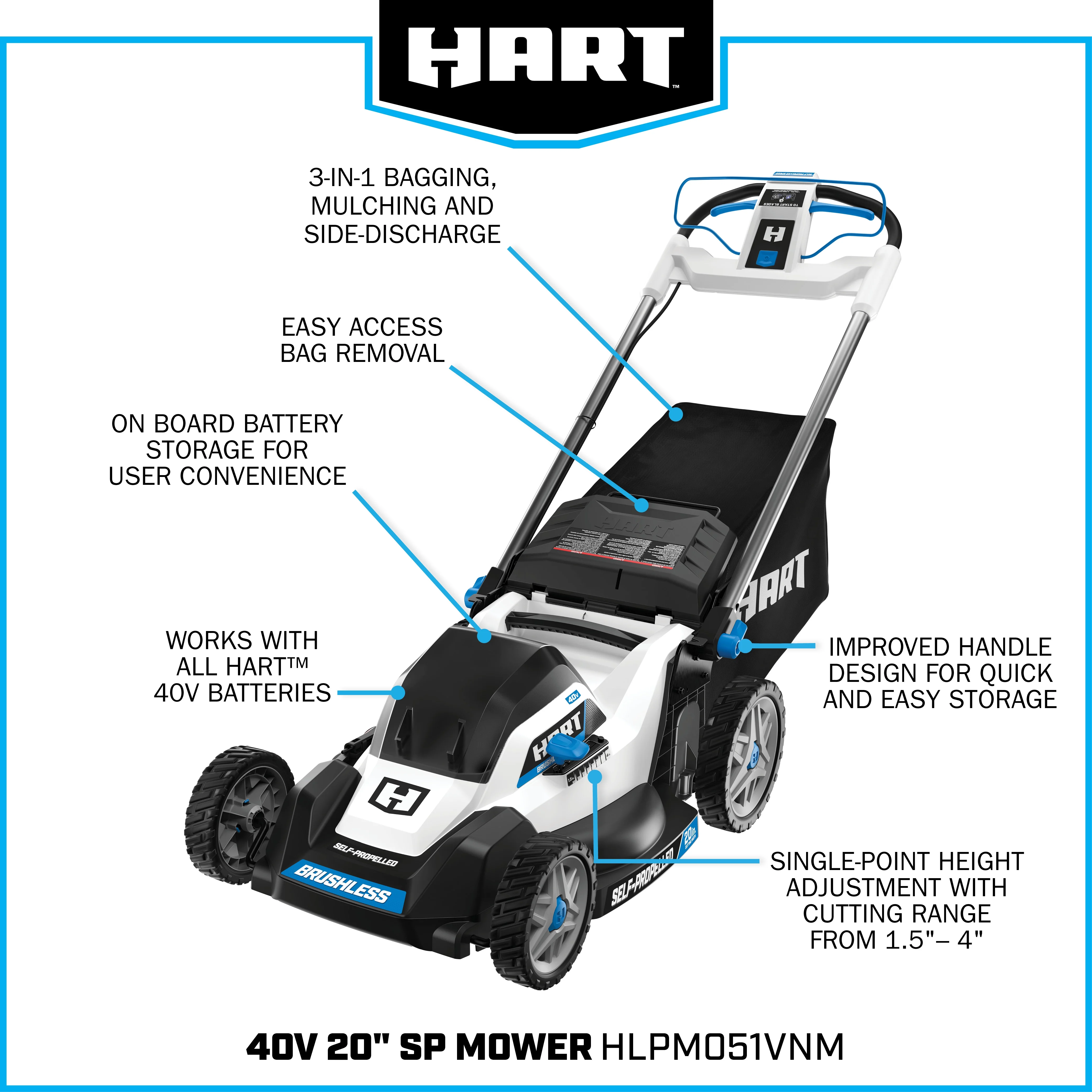 HART 40-Volt Cordless 20-inch Brushless Self Propelled Mower Kit, (1) 6.0 Ah Lithium-Ion Battery - Image 4