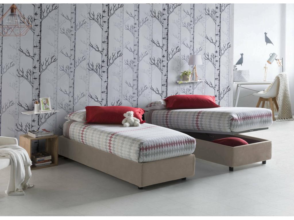 Cama individual Valentina, Cama contenedor con revestimiento de tela, 100% Made in Italy, Apertura frontal, con colchón de 90x200 cm incluido, Taupe
