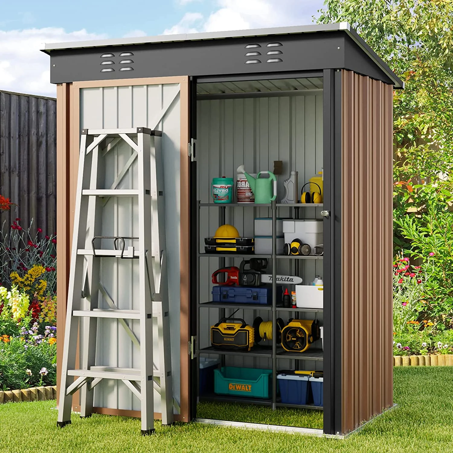 5' x 3' Outdoor Storage Shed, Metal Outdoor Storage Cabinet with Single Lockable Door, Waterproof Tool Shed,Gray - Image 19