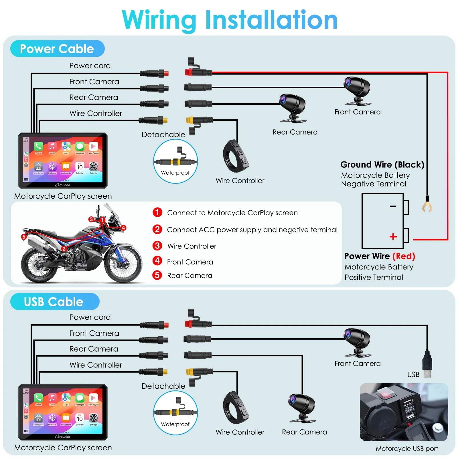 Carpuride Motorcycle HD Dual 1080P Dash Cam, Wireless Apple CarPlay & Android Auto Wire Control, Horizontal Vertical Rotation 7" Touch Screen (712D) - Image 5