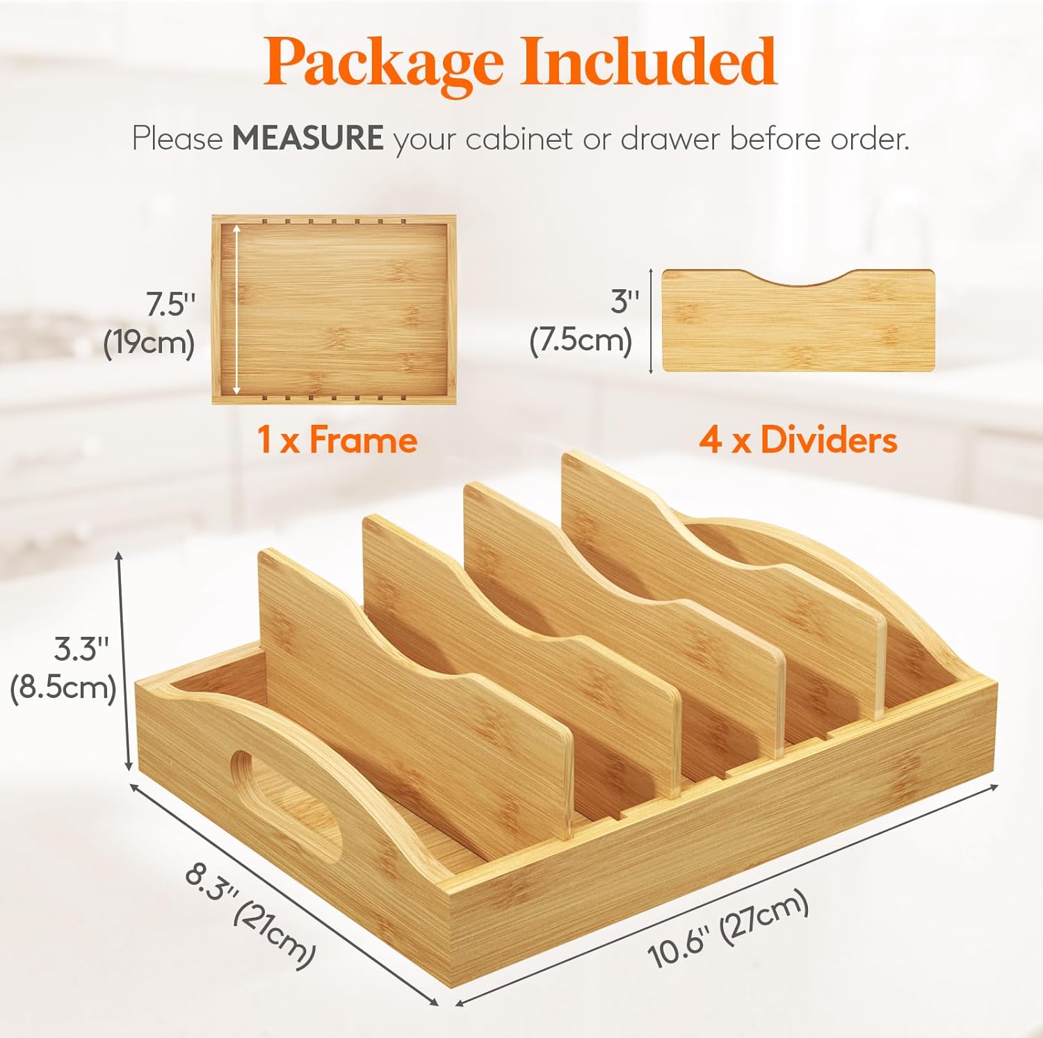 Lifewit Bamboo Lid Organizers for Inside Cabinet, Food Storage Container Lid Holder with 4 adjustable Inserts & 5 Sections, Kitchen Pantry organizer and storage, 10.6