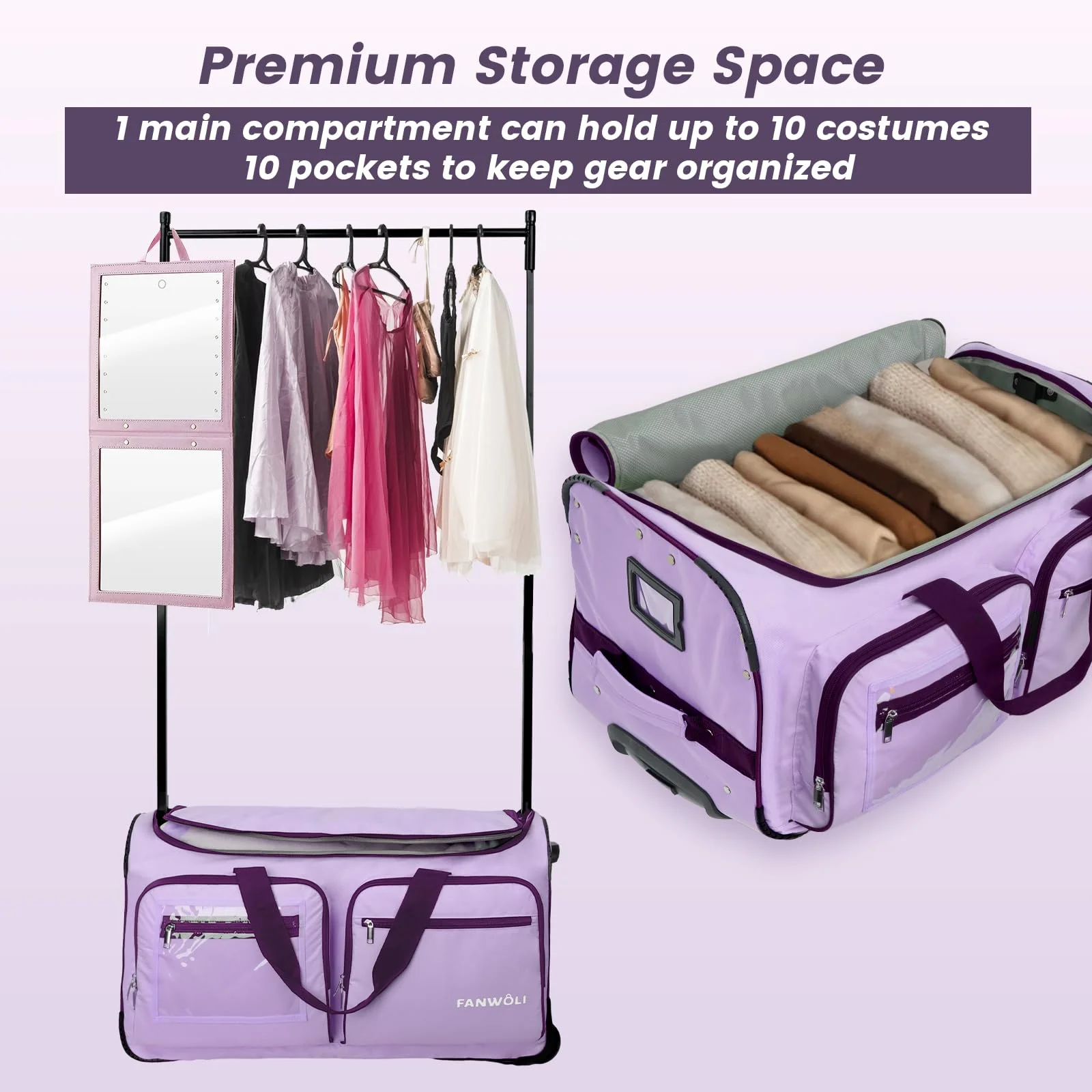 Fegat Dance Bag with Garment Rack - 28"Collapsible Rolling Competition Dance Duffle Bag Lightweight Costume Wheeled Suitcase for Dancers Shows Livestreamer Athletes - Image 38