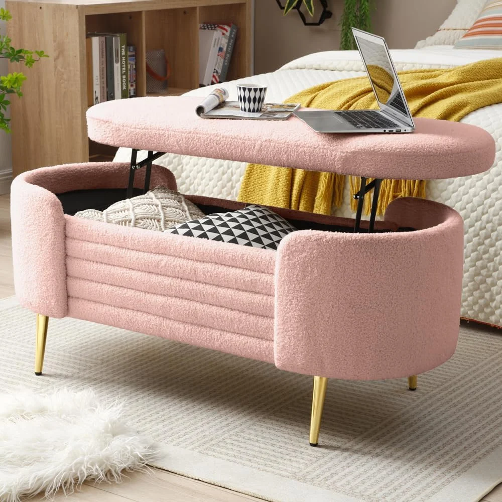 Sumdeal 43.5" Storage Ottoman Bench with 250lb Seating, Linen Upholstered Wood Legs Safety Hinge Flip Top Oval Foot Rest Long Stool for Sofa Couch Bedroom End of Bed Living Room Entryway, White - Image 44