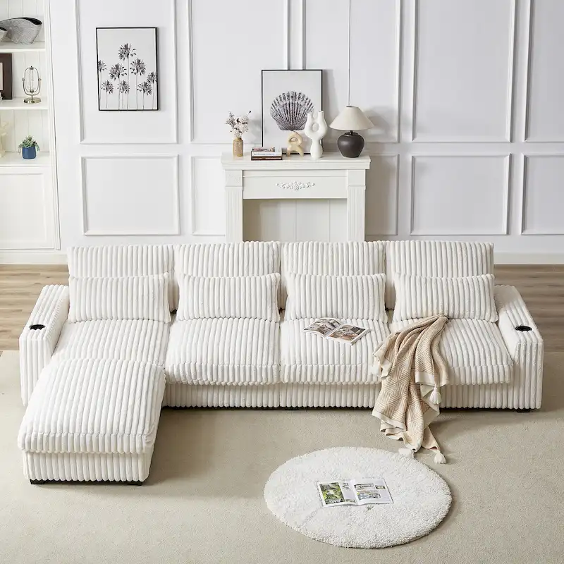 126W Large L-Shaped Corduroy Sofa with USB Charging Port
