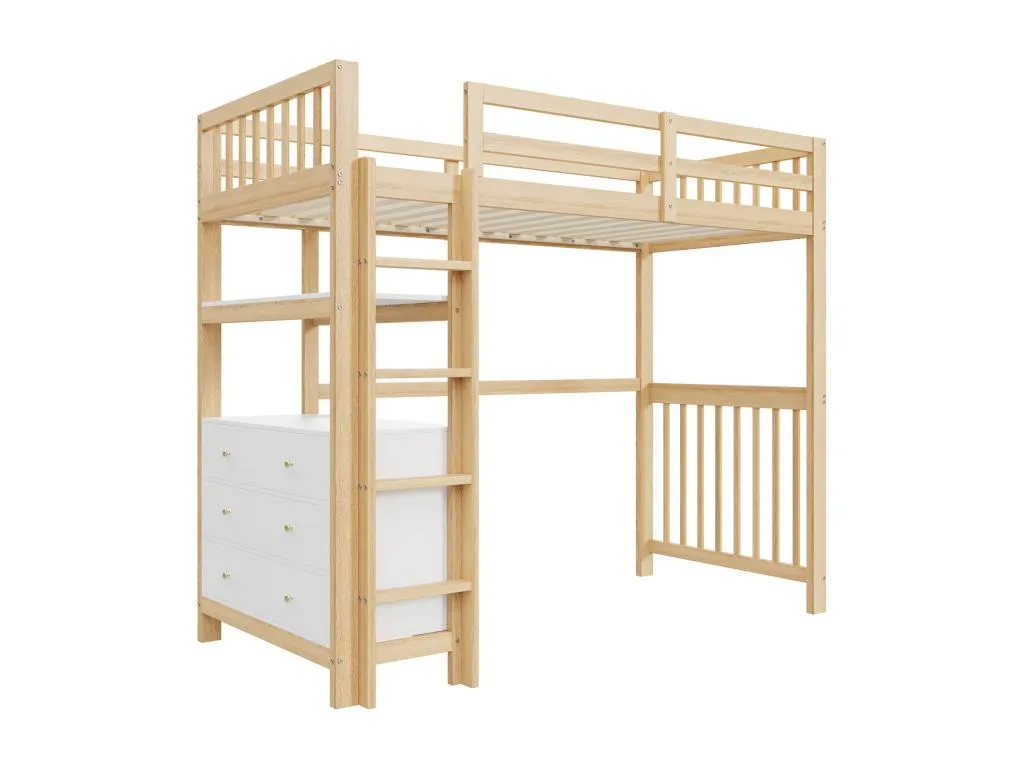 Cama alta 90x200cm - cama infantil con escalera, cajones y estantes, somier, valla alta - de madera de pino - natural jfv3466324