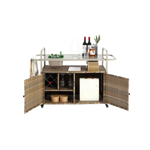 Yiweny Outdoor Rolling Wicker Bar Cart, Large Portable Outdoor Wicker Bar Table with Cabinet Storage and Glass Countertop, Patio Wicker Serving Bar Cart for Pool, Party, Backyard, Black - Image 13