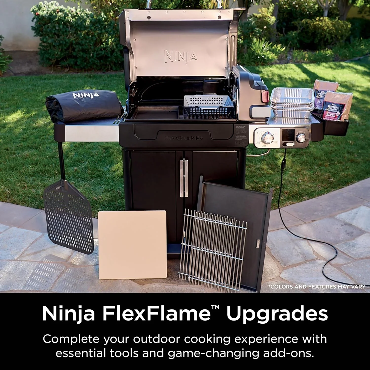 Ninja FlexFlame, Grill and Smoker, Electric and Propane Grill, Roaster, BBQ Grill, 5-in-1 Cooking System, 3 Burner, Digital Control, Outdoor Cooking, Griddle, Pizza Maker, Stainless Steel, PG301