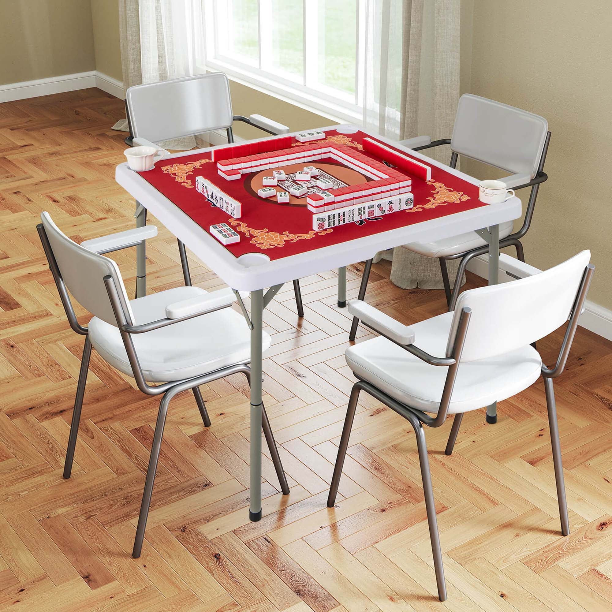 Costway 35" Folding Mahjong Table with Cup Holders & Smooth Felt Mat Carrying Handle Green - Image 14