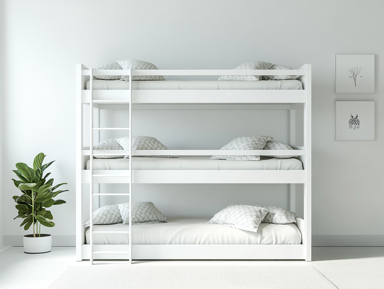 Litera triple blanca de madera para habitación infantil moderna con escalera lateral segura