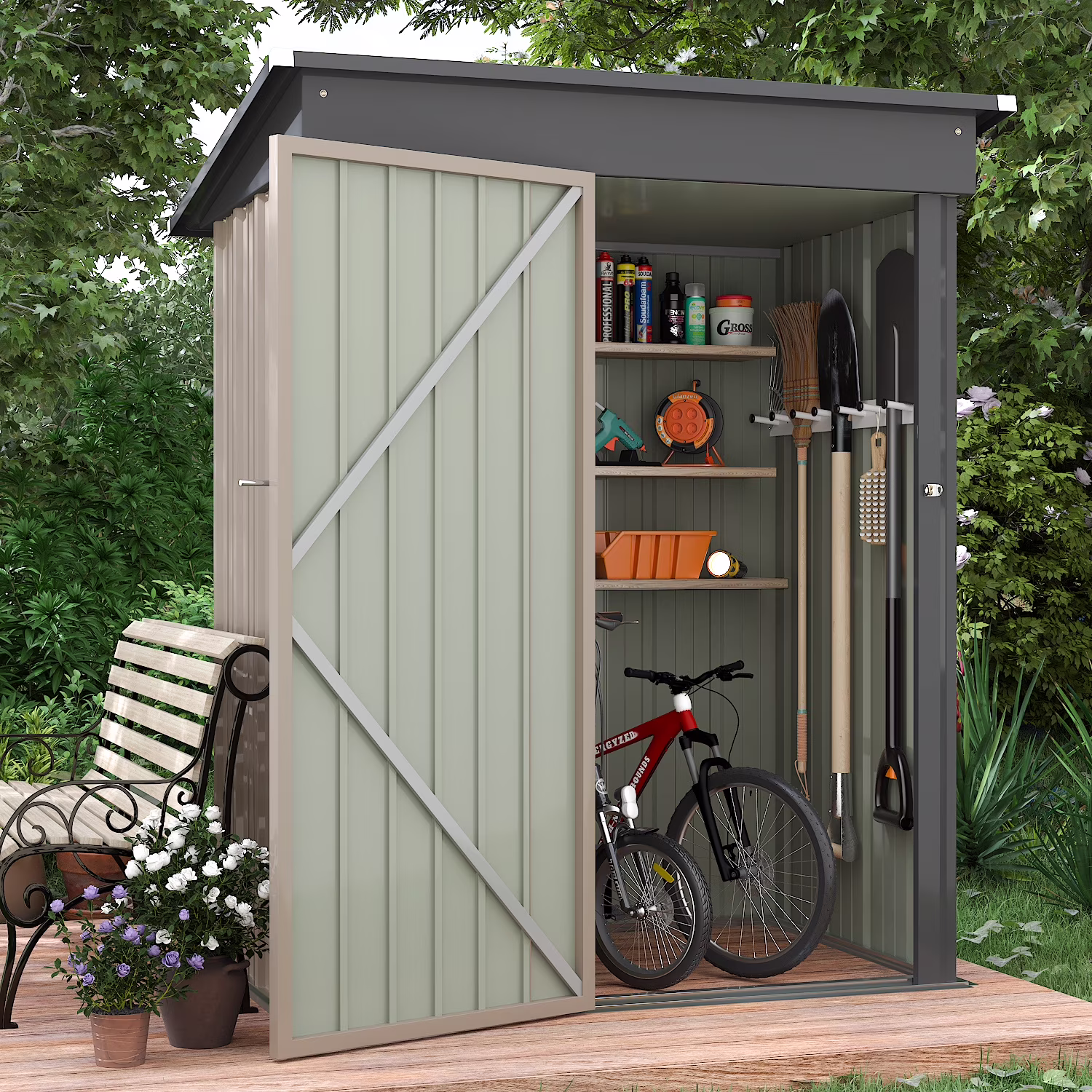 LACOO 4' x 6' Outdoor Storage Metal Shed for Tool Storage, Outdoor House for Backyard & Garden,Brown - Image 3