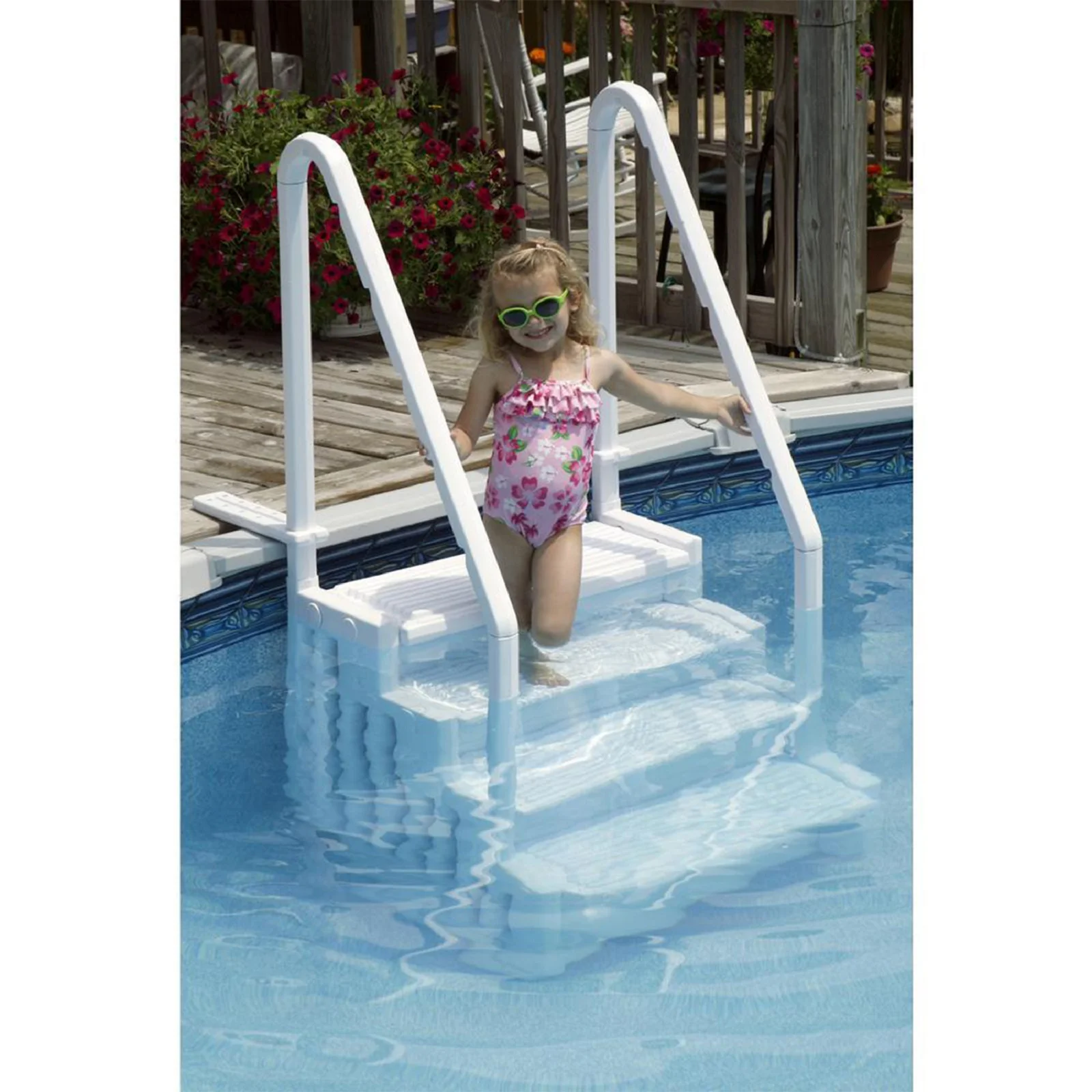 Blue Torrent Antigua Step Ladder with Handrails for Above Ground Pools, White - Image 3