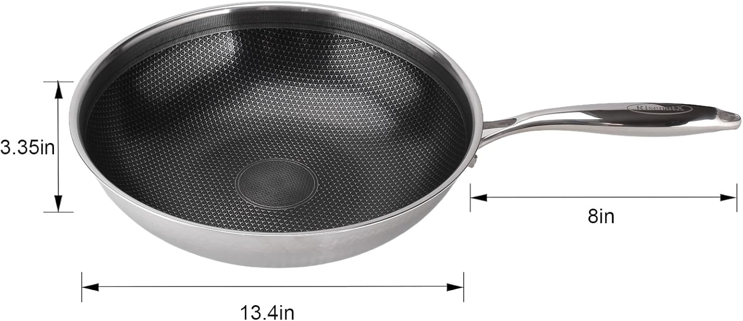 Hybrid Wok, 13 inch Wok with lid,Stainless Steel woks & Stir-fry pans Non Stick, PFOA Free Cookware, Dishwasher and Oven Safe, Compatible With Induction