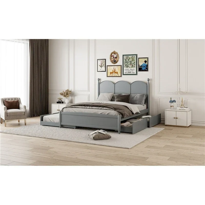Queen Size Platform Bed with Vintage Headboard - Multifunctional Storage Frame Featuring Twin XL Trundle & 2 Drawers