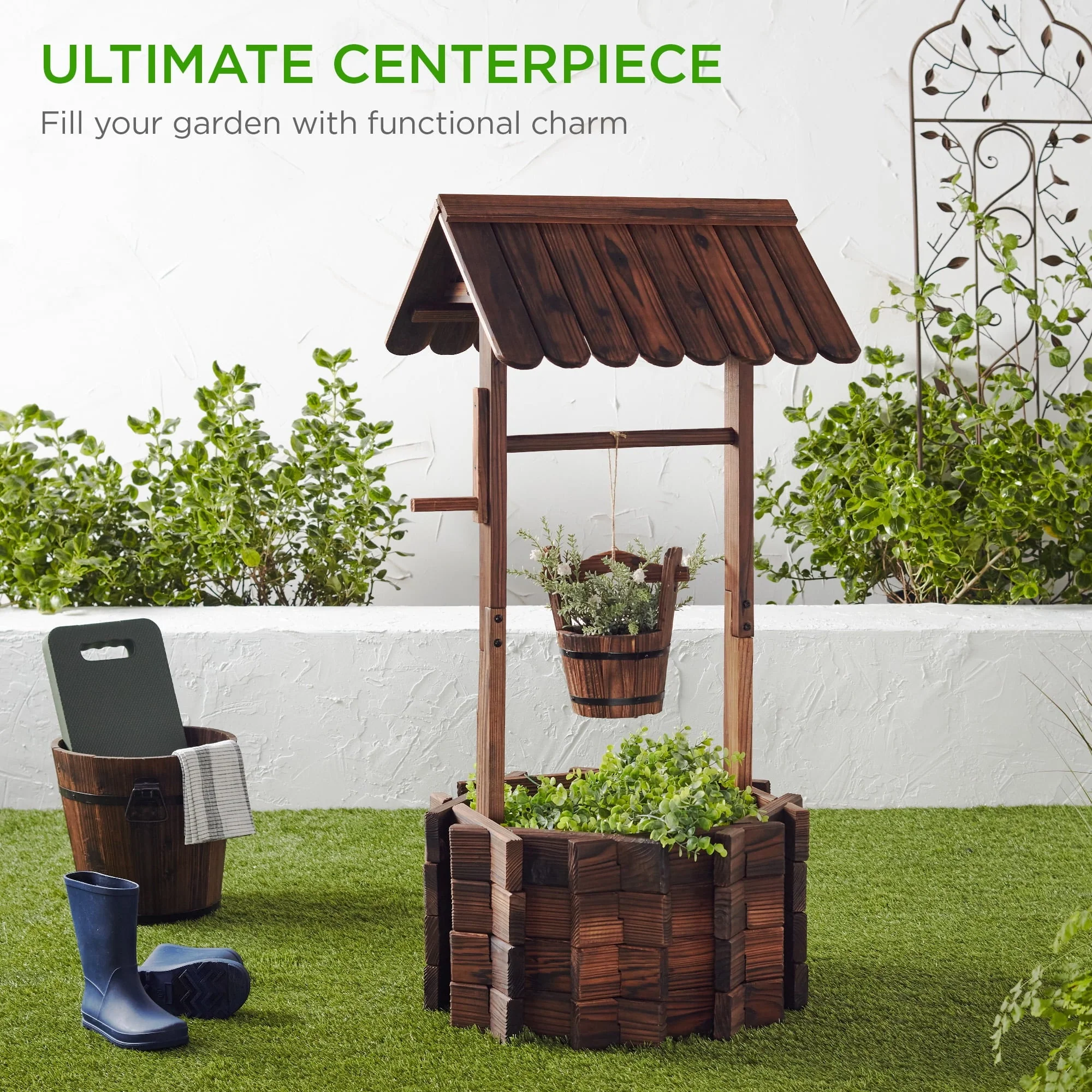 Best Choice Products Rustic Wooden Wishing Well Planter Outdoor Home Decor for Patio, Garden, Yard w/ Hanging Bucket - Image 2