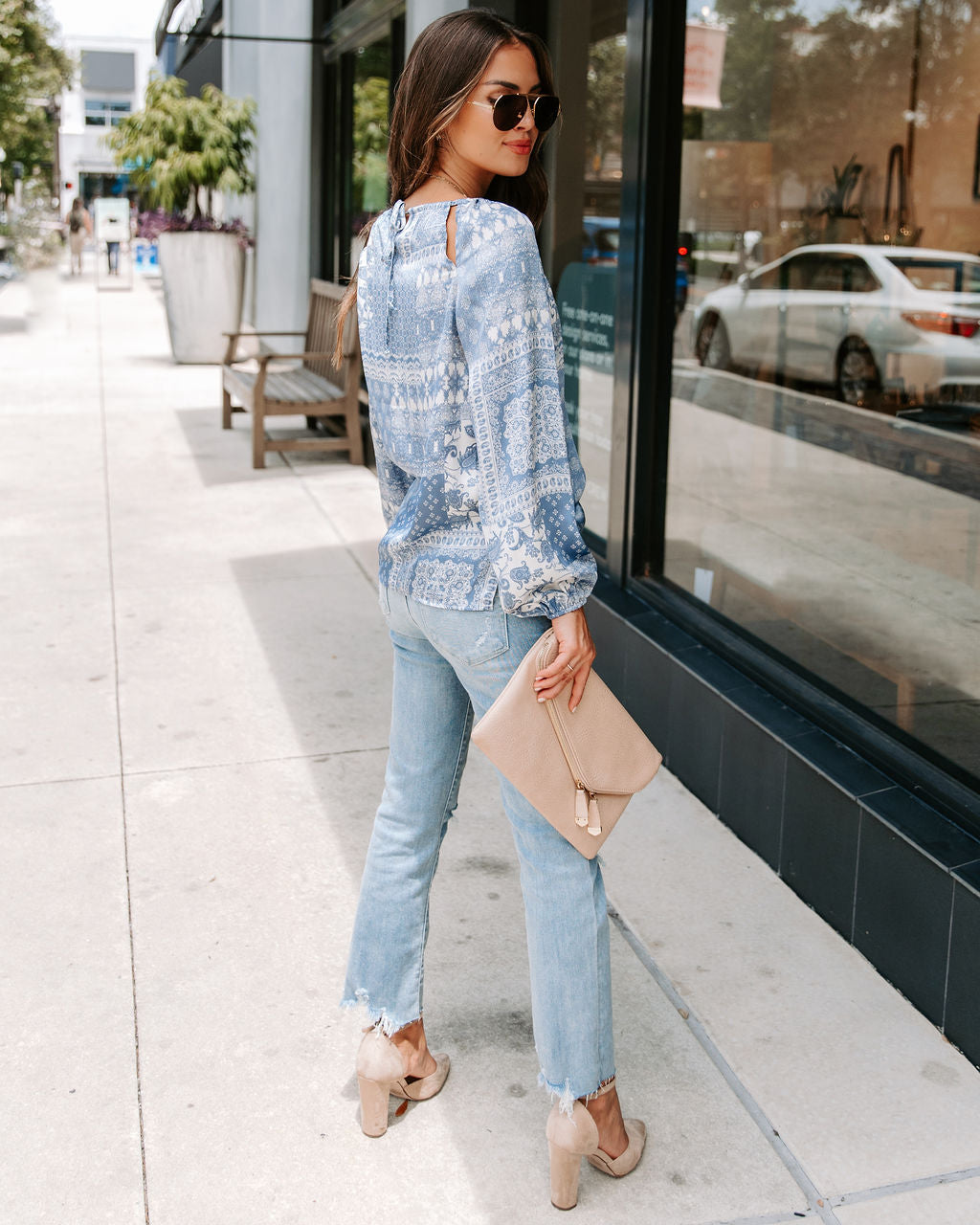 Donna Printed Cutout Top - Ash Blue - FINAL SALE - Se7enfashion