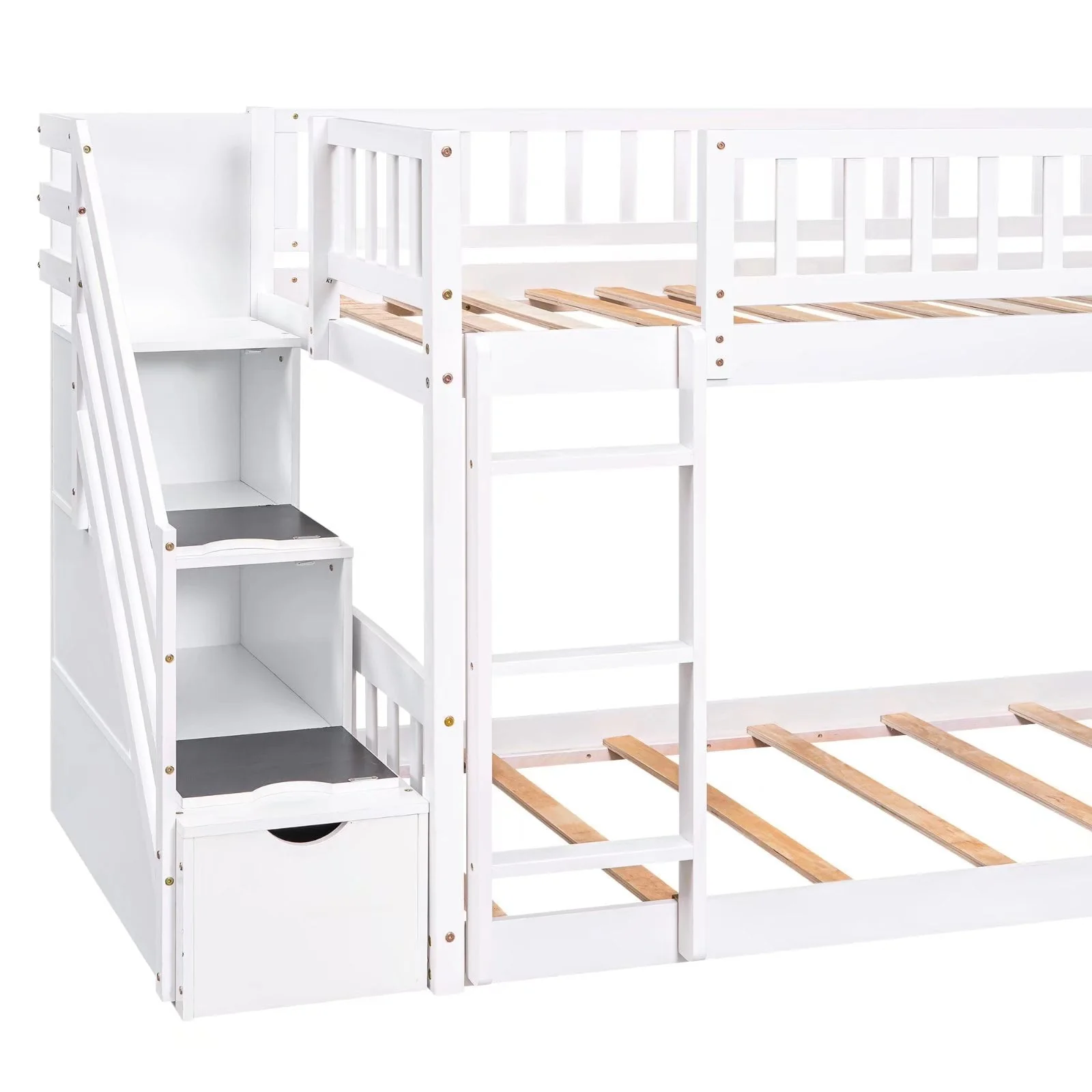 Stairway Bunk Beds Twin over Twin, Wooden Bunk Bed Frame with Kids Slide and Storage Staircase, 2-in-1 Storage Beds Frame with Ladder and Safety Guardrails for Boys Girls Bedroom, White - Image 7