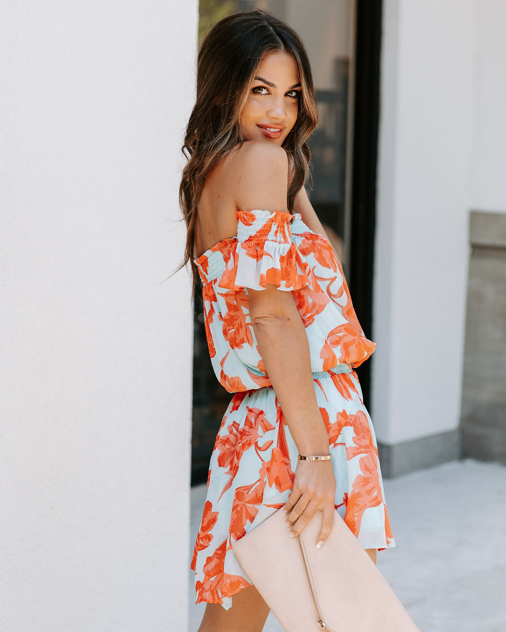 Yael Floral Off The Shoulder Smocked Dress - Aqua Coral - FINAL SALE - Se7enfashion