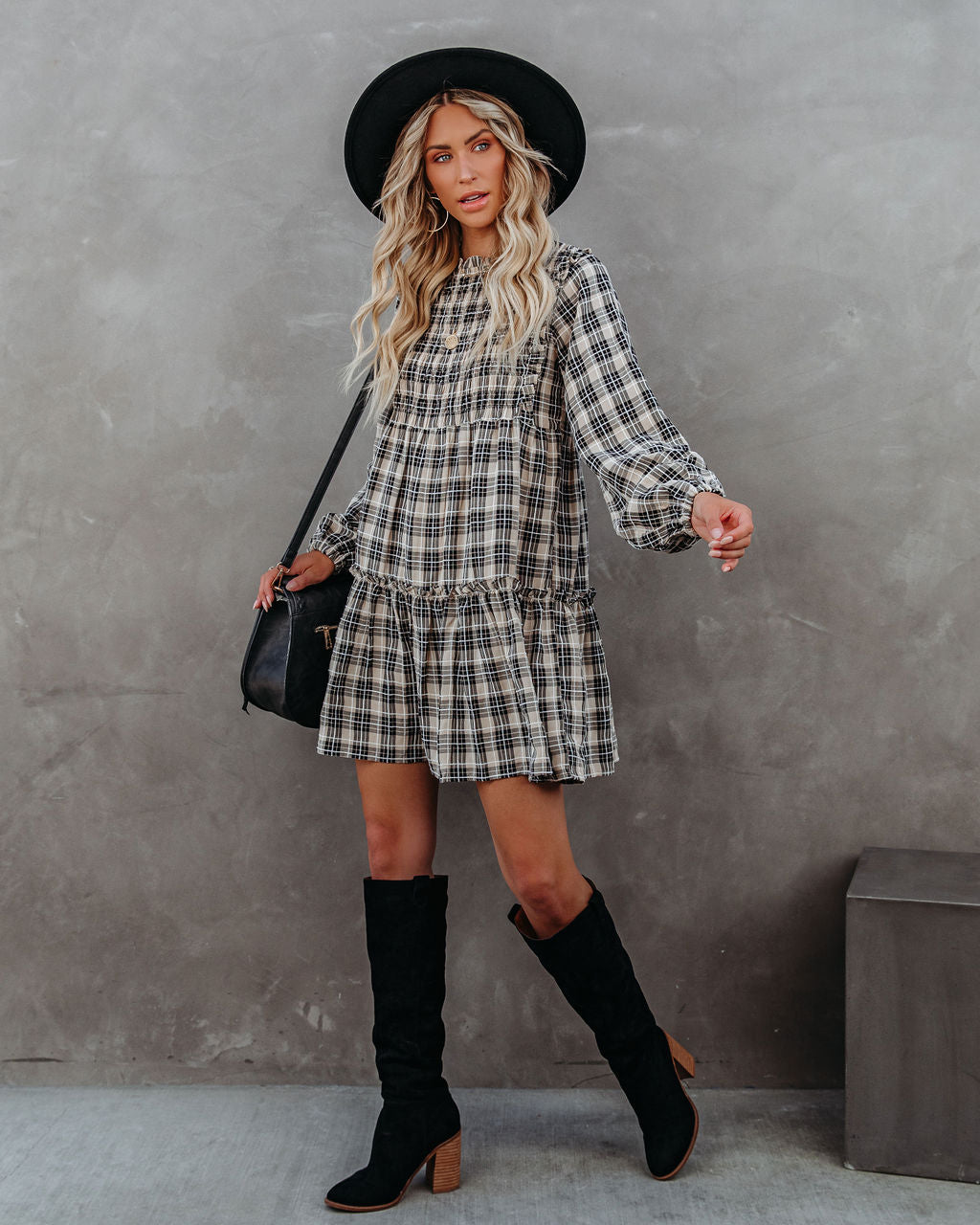 Urika Cotton Blend Plaid Babydoll Dress - Se7enfashion