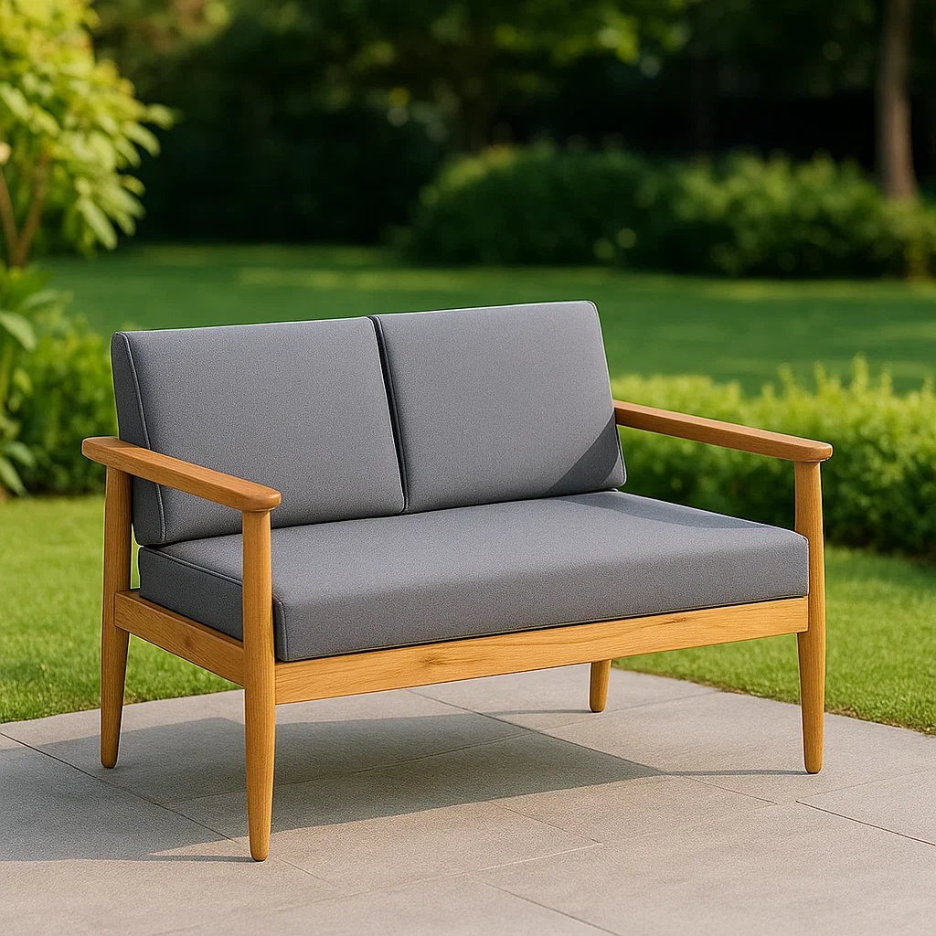 Sofá doble de exterior,amarillo,madera de teca y poliéster,jardín,134x62x65 cm