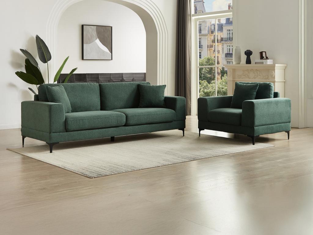 Sofá de 3 plazas y sillón de tela texturizada verde JAMOLO