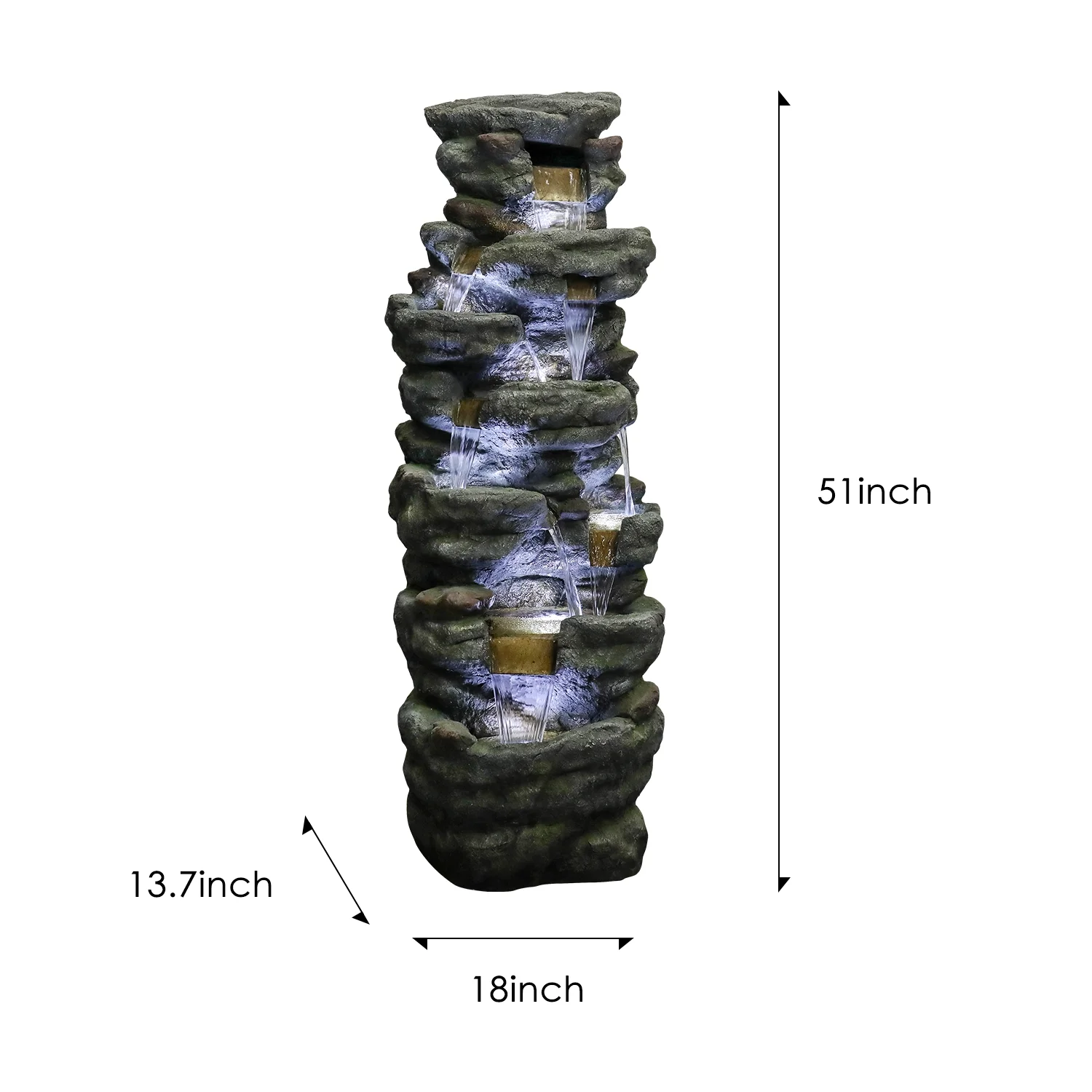 51" H Outdoor Water Fountain - 7-Tiers Rock Waterfall Fountain with LED Lights for Home Garden Decor - Image 4