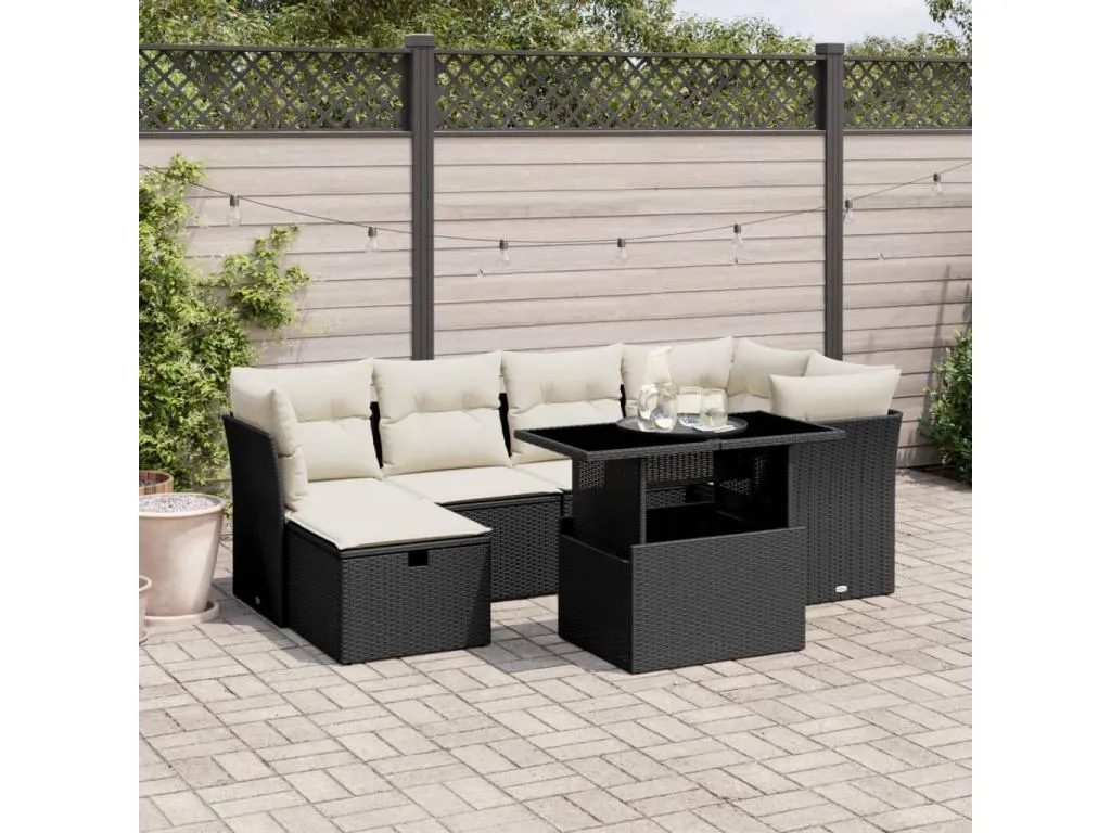 Set de sofás de jardín 7 piezas con cojines ratán sintético negro 73440LEPM
